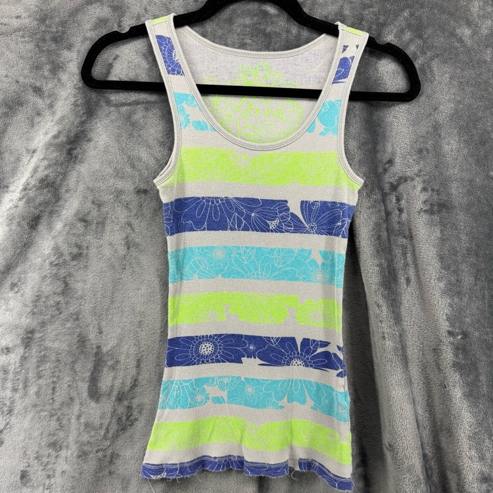 Y2K Pac Sun Kirra Gray Blue Green Ribbed Striped Floral Tank Top Size Medium